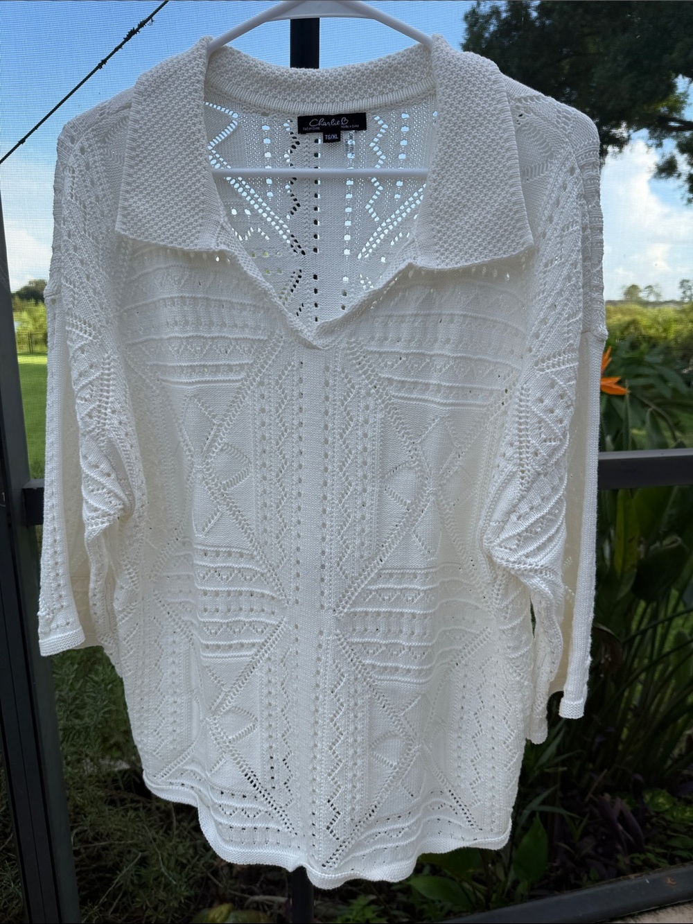 CHARLIE B Cotton White Open-Knit V-Neck Collared Sweater TG/XL 3/4 sleeve